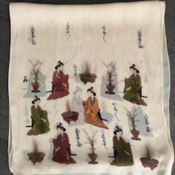 FAVOLOSA Vintage Designer 100% Rayon Scarf w Graphics Cream Grn Brn Gold Sz OS - Picture 3 of 4